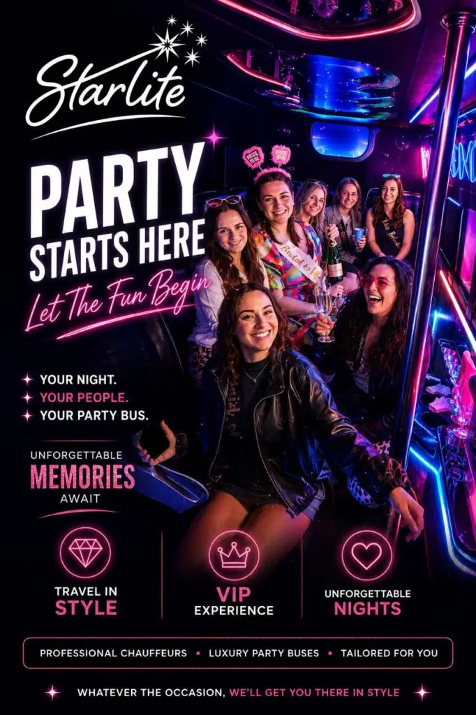 Starlite party bus night out with friends and neon interior